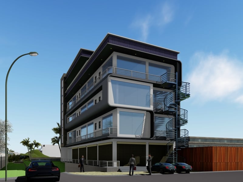 Design render of a four-storey commercial building with glazed shopfront bays, an external spiral stair and an open ground level