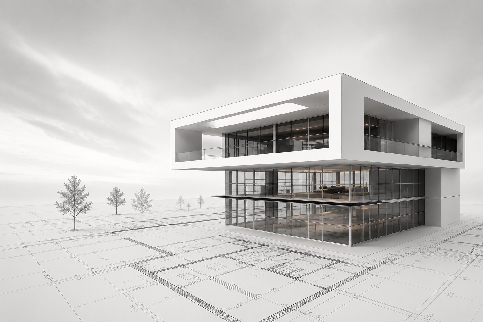 Concept visualisation of a two-storey glass and white concrete building standing on its own floor plan