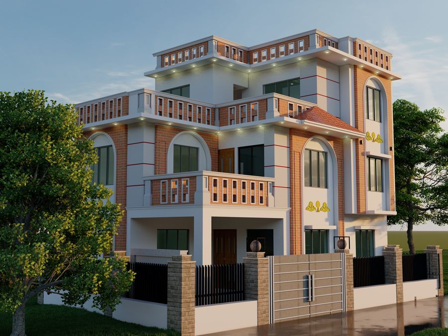 Design render of the house: orange-brick panels, an arched entrance and a corner balcony, drawn before construction