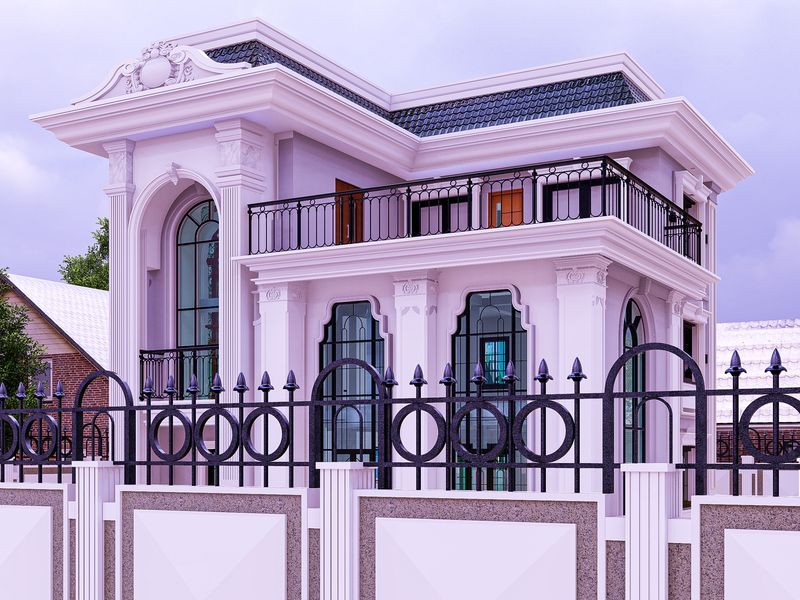 Design render of a two-storey neo-classical house in white with an arched glazed entrance bay, a balustraded first-floor balcony and wrought-iron fencing