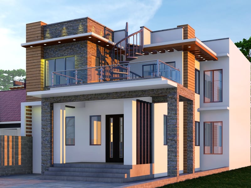 Design render of a modern two-storey home with stone cladding, glass balustrades and a roof terrace reached by a spiral stair