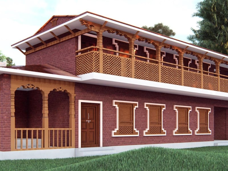 Design render of a traditional Newari-style house in exposed brick with carved timber windows and a full-length upper verandah