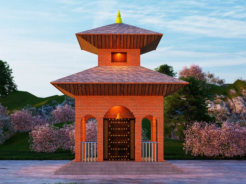 Design render of a two-tier pagoda shrine in brick and timber with a gilded finial