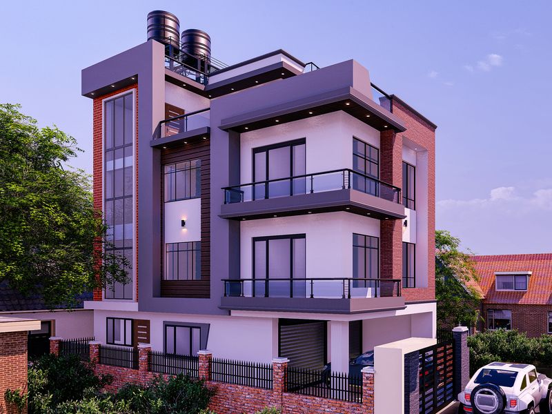 Design render of a three-storey semi-commercial building with a shop front at street level, cantilevered balconies and a brick-clad stair tower